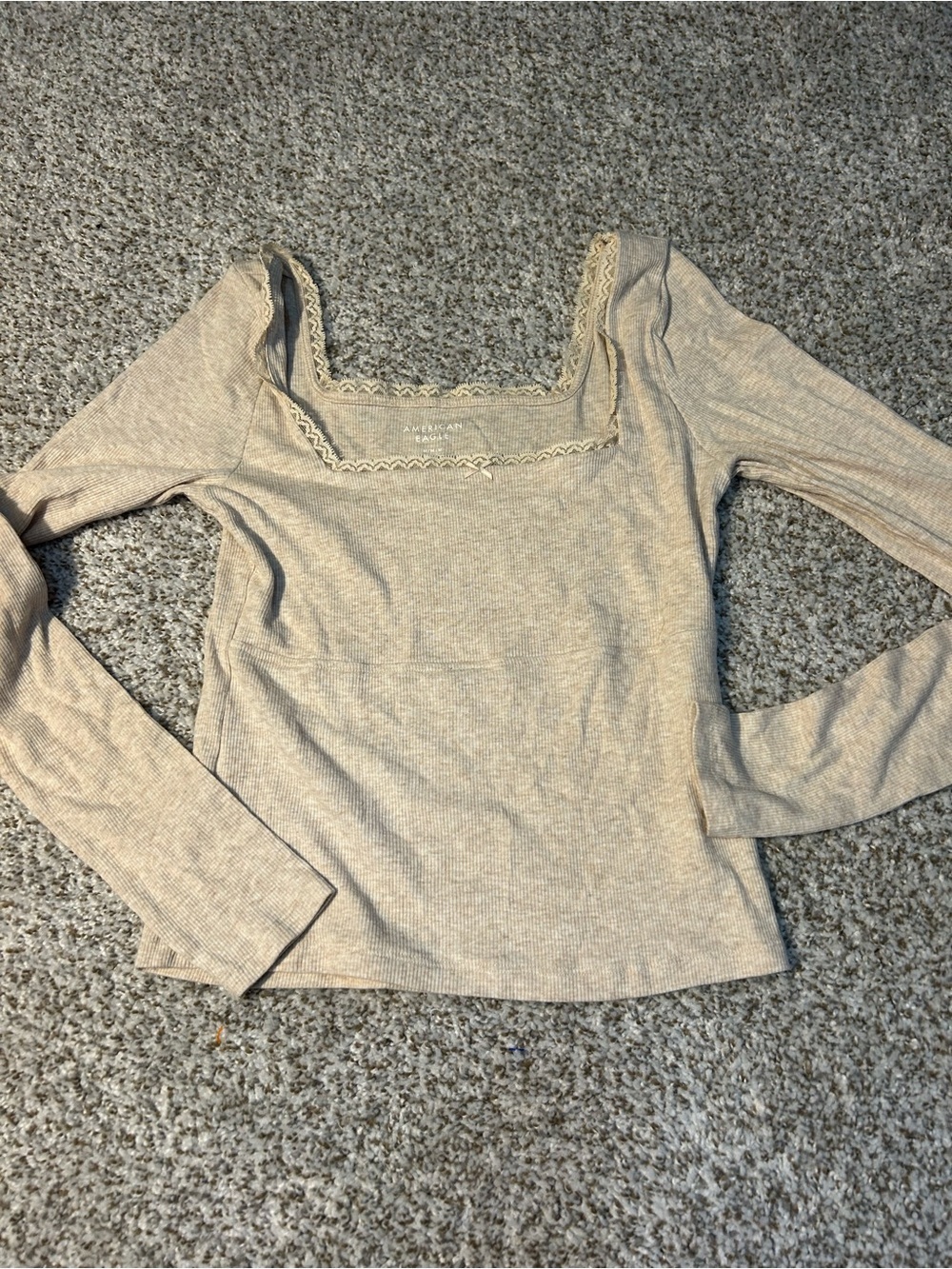 American Eagle Outfitters Cream Ribbed Long Sleeve Square Neck Top
